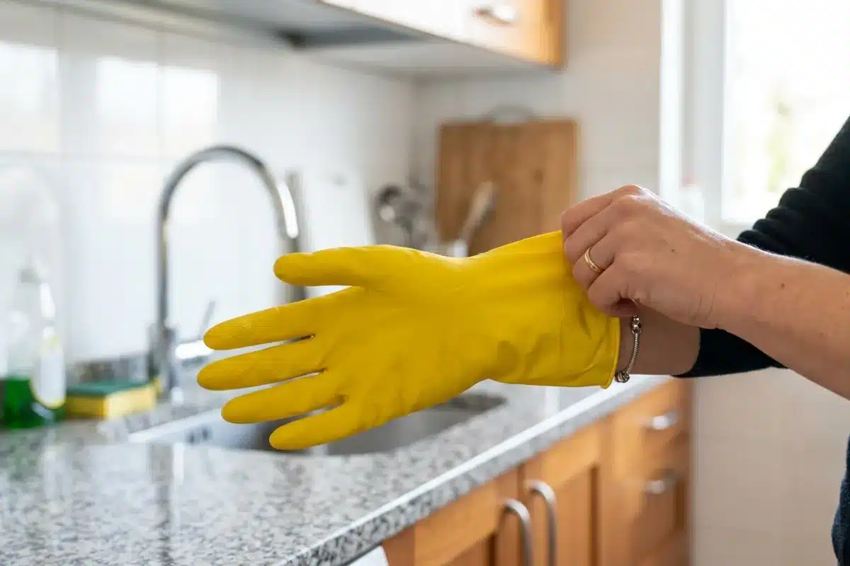 Port de gants de protection contre l eczéma irritatif Mains enfilant des gants de protection avant des tâches ménagères pour prévenir l eczéma irritatif