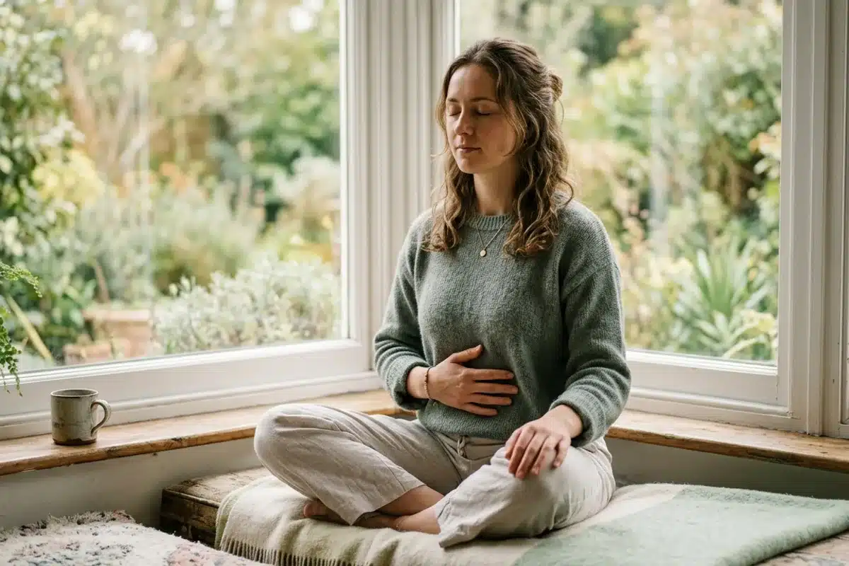 Gérer une crise d’angoisse par la respiration Femme pratiquant la respiration pour gérer une crise d’angoisse