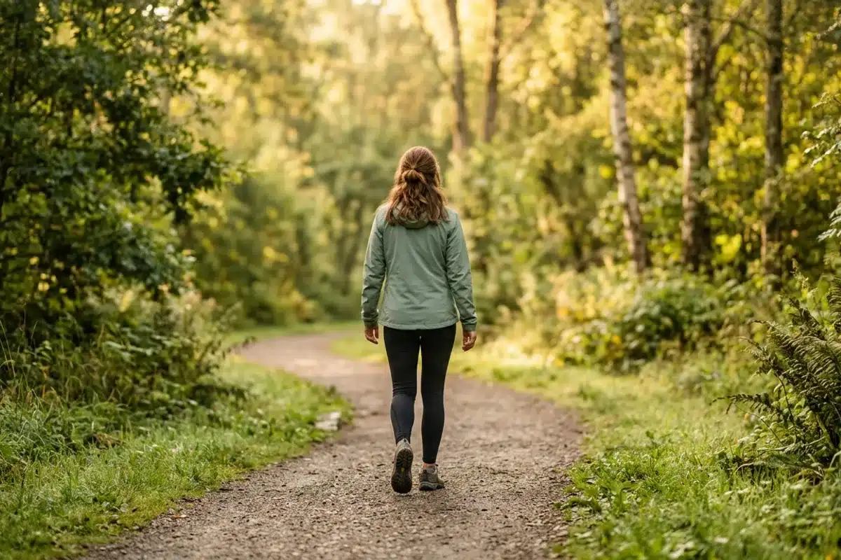Gérer le stress et l’anxiété par la marche en extérieur Femme marchant en pleine nature pour réduire le stress et l’anxiété