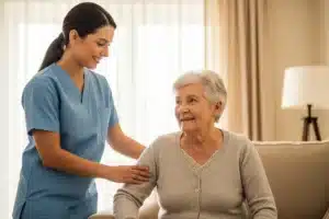 Une aide à domicile accompagne une personne âgée dans son salon, geste bienveillant
