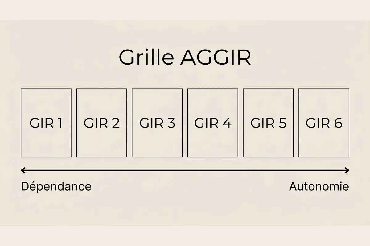 Les 6 GIR de la grille AGGIR Schéma des six groupes GIR de la grille AGGIR, du GIR 1 le plus dépendant au GIR 6 le plus autonome