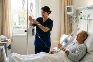 Infirmière en tenue hospitalière ajustant une perfusion au chevet d'un patient âgé