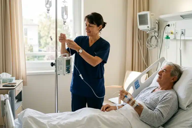 Infirmière en tenue hospitalière ajustant une perfusion au chevet d'un patient âgé