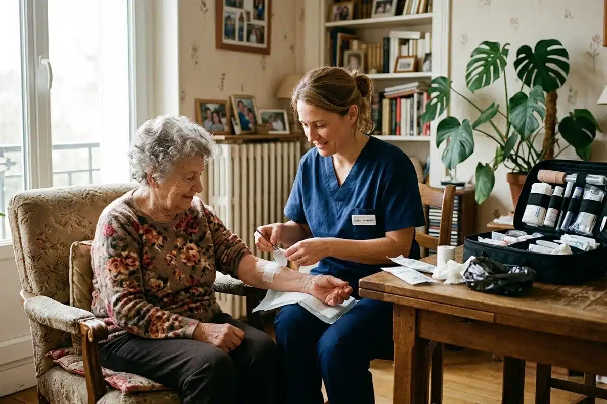 Infirmière libérale à domicile Infirmière libérale réalisant un soin de pansement à domicile chez une personne âgée