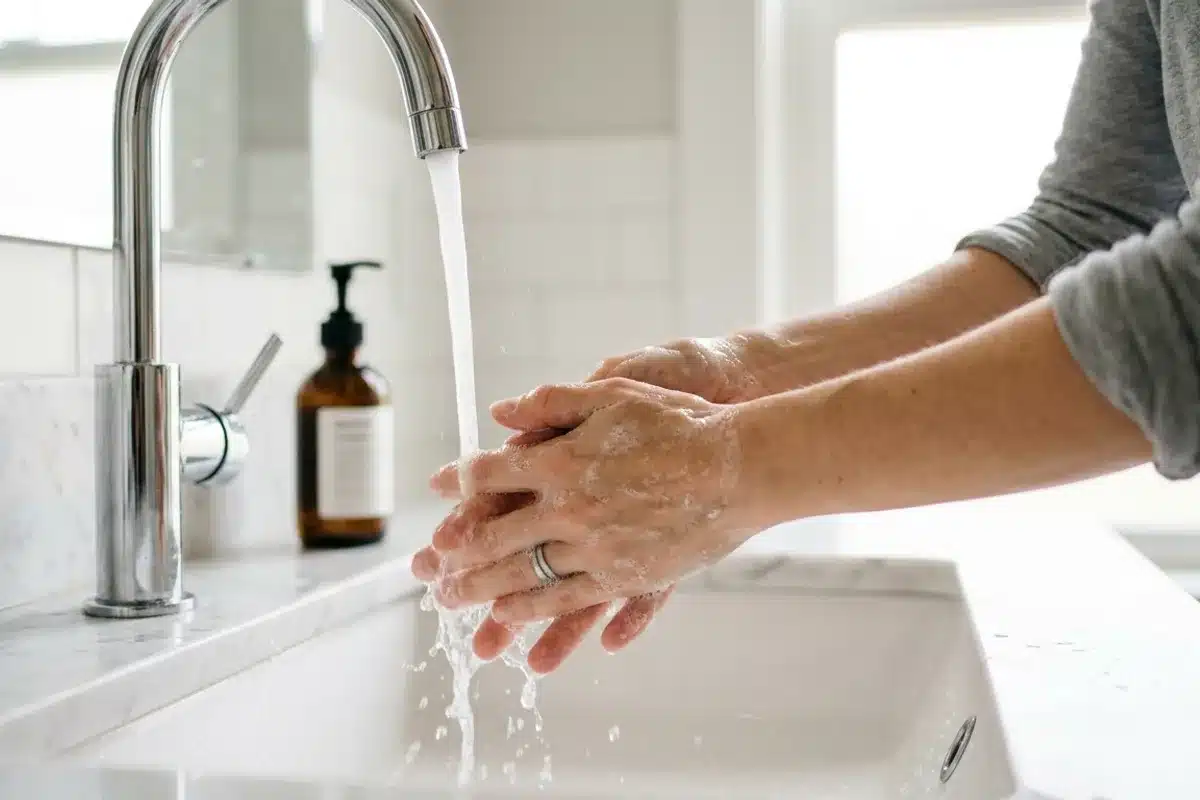 Lavage doux des mains pour prévenir l eczéma Lavage délicat des mains à l eau tiède avec un savon doux, geste de prévention de l eczéma
