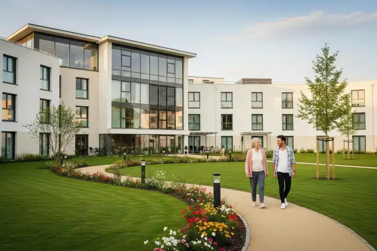 Maison de retraite moderne avec jardin où une personne âgée se promène accompagnée d'un proche