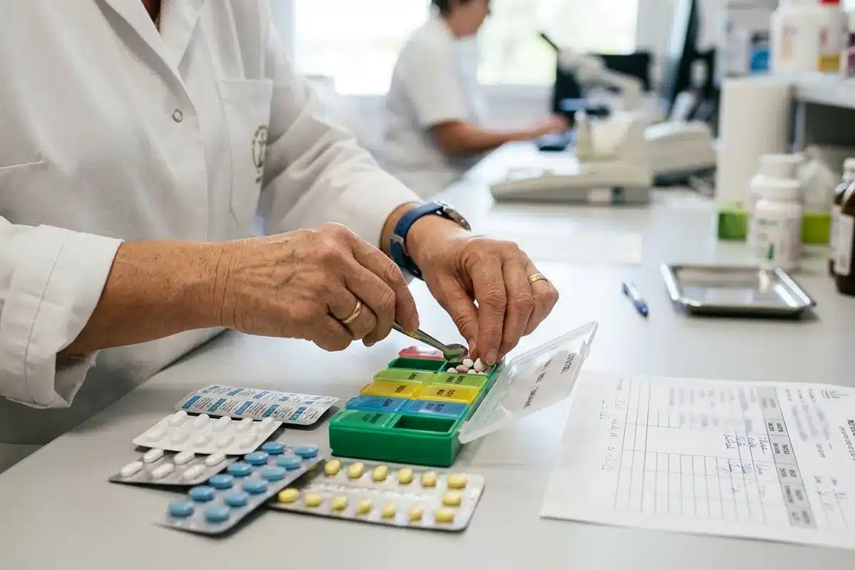 Préparation des médicaments en maison de retraite Pharmacien préparant un pilulier hebdomadaire pour un résident de maison de retraite