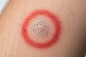 Plaque rouge et squameuse circulaire sur l'avant-bras, signe typique d'une mycose cutanée de type dermatophytose