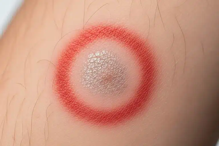 Plaque rouge et squameuse circulaire sur l'avant-bras, signe typique d'une mycose cutanée de type dermatophytose