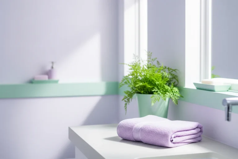 Mycose vaginale et confort intime : salle de bain claire et apaisante aux tons pastel violet et vert