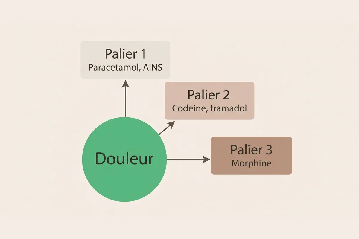 Les trois paliers d'antalgiques de l'OMS Schéma des trois paliers d'antalgiques de l'OMS, du paracétamol à la morphine
