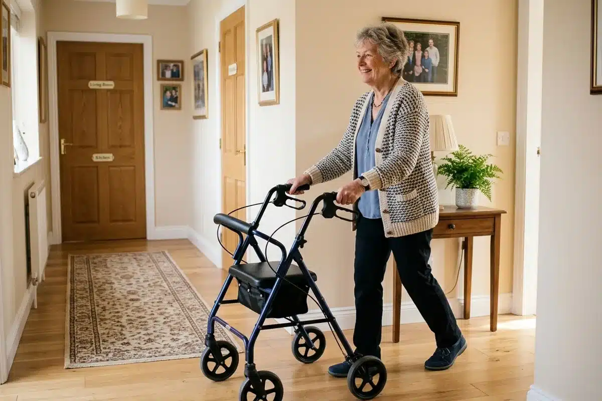 Autonomie préservée au domicile Une femme âgée se déplace avec un déambulateur dans le couloir de son domicile