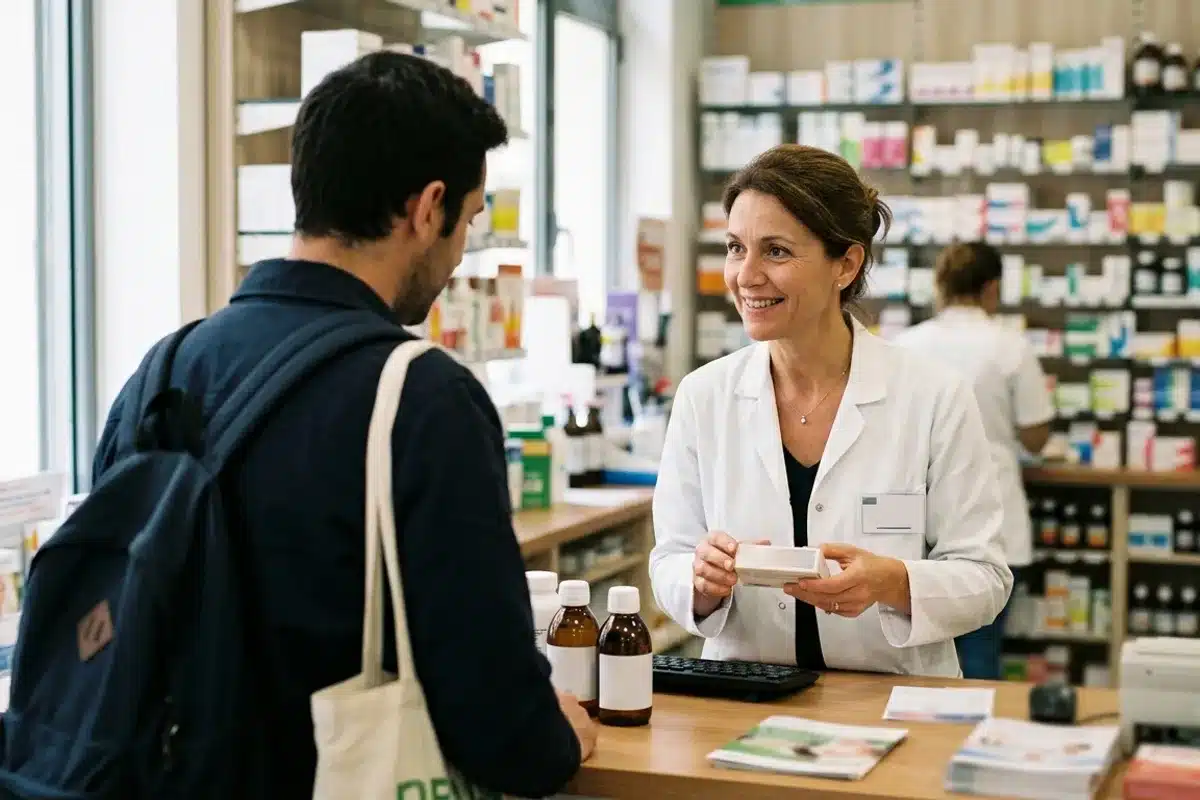 Conseil du pharmacien pour choisir un antalgique Pharmacienne conseillant un client au comptoir d'une pharmacie