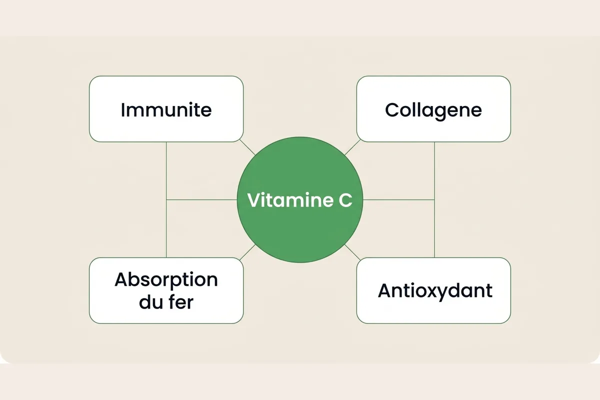 Les roles de la vitamine C dans l organisme Schema des quatre roles de la vitamine C : immunite, collagene, absorption du fer et antioxydant