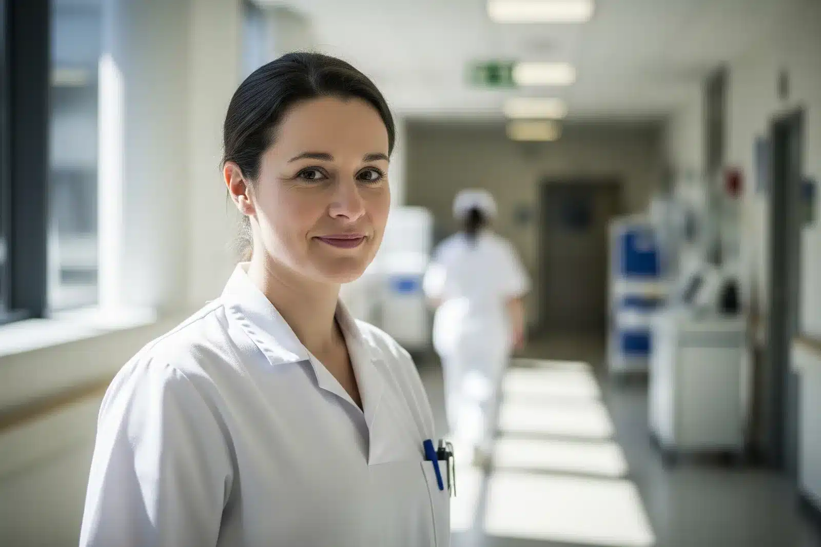 Infirmière en blouse dans un couloir d'hôpital, illustrant le salaire d'une infirmière en 2026