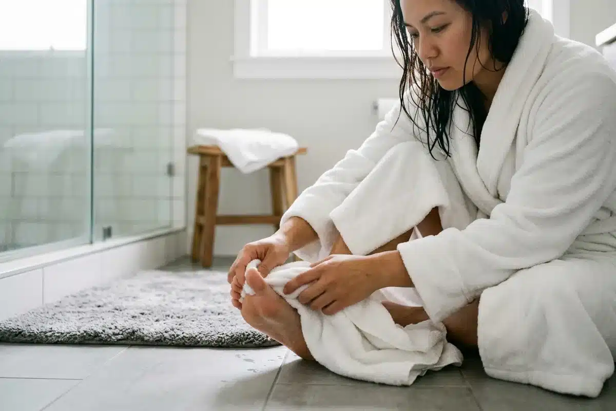 Séchage soigneux des pieds pour prévenir la mycose Personne séchant soigneusement ses pieds avec une serviette après la douche pour prévenir le pied d'athlète