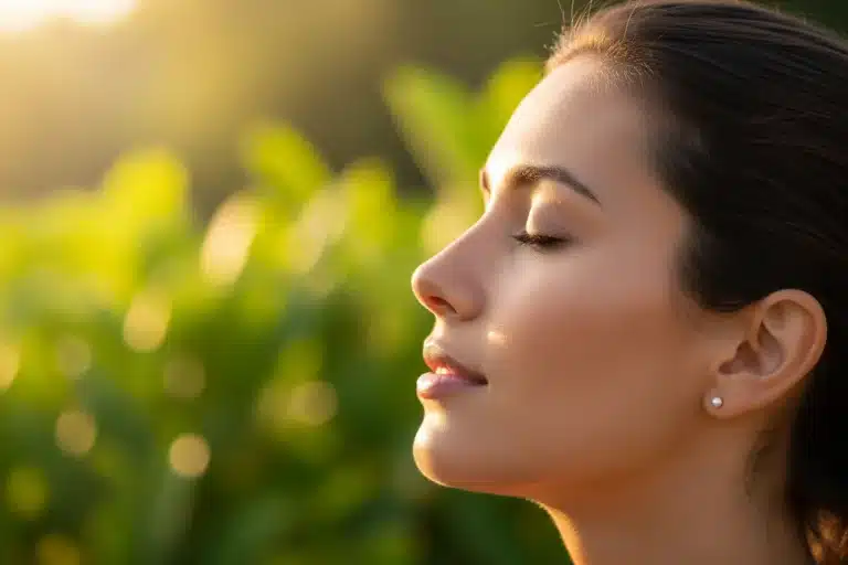 Femme sereine respirant au calme pour apaiser le stress et l'anxiété