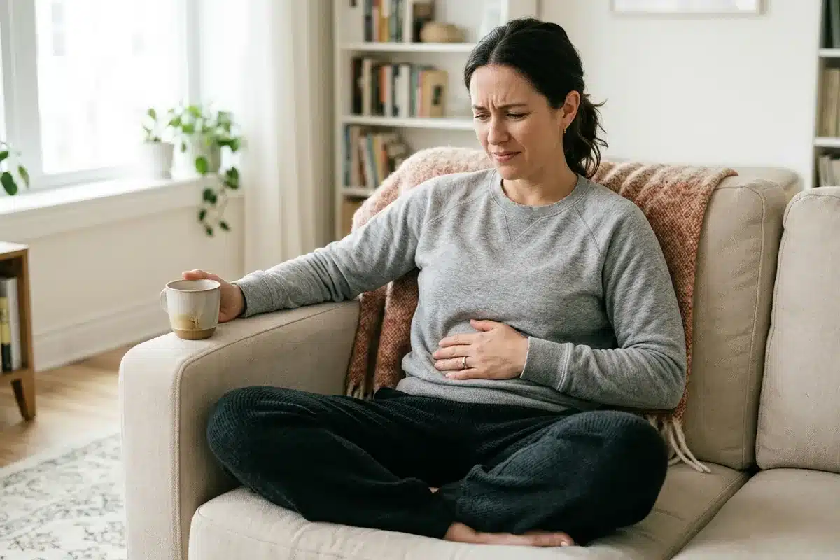 Symptomes d'une mycose vaginale Femme assise sur un canape, une main sur le bas-ventre, evoquant la gene d'une mycose vaginale