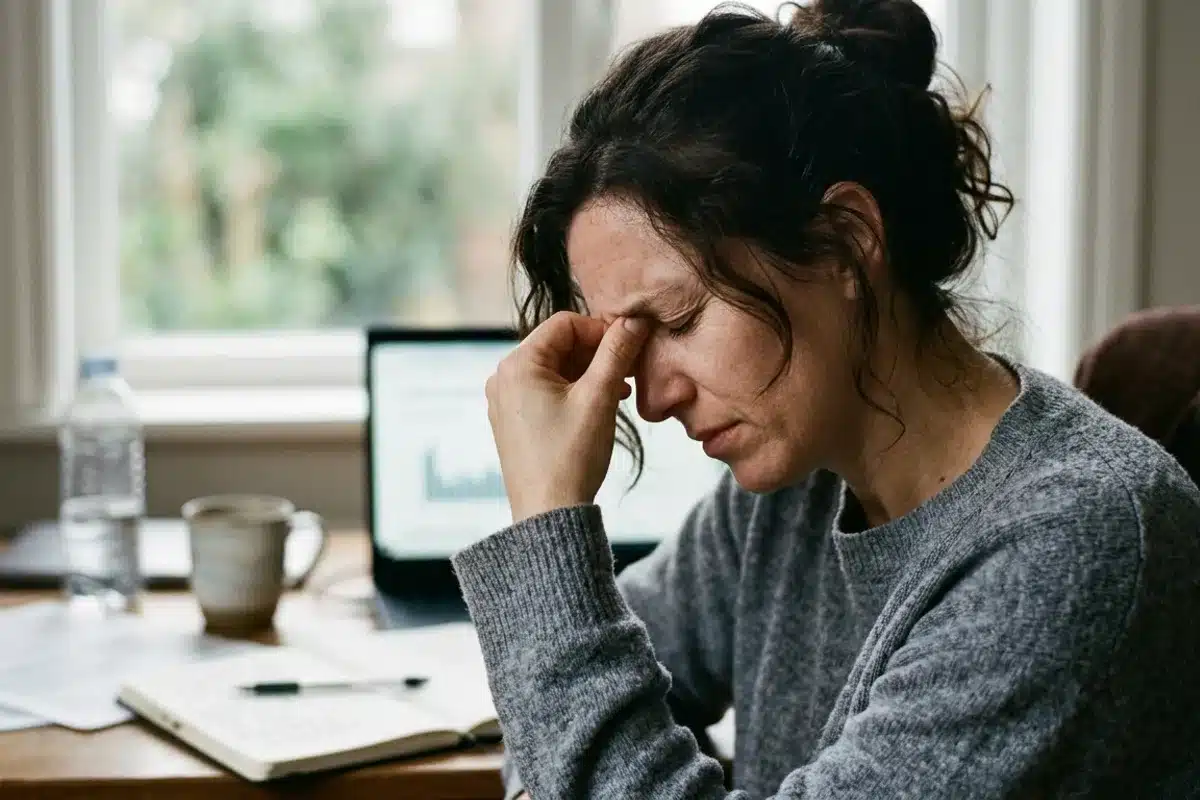 Symptomes du stress et de l’anxiete : fatigue et tension Femme fatiguee a son bureau, tension et mal de tete lies au stress
