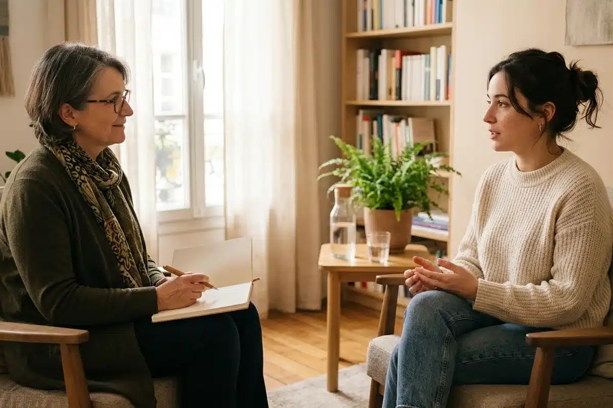 Se faire aider par un thérapeute pour le stress et l’anxiété Patiente en consultation avec une thérapeute pour gérer le stress et l’anxiété