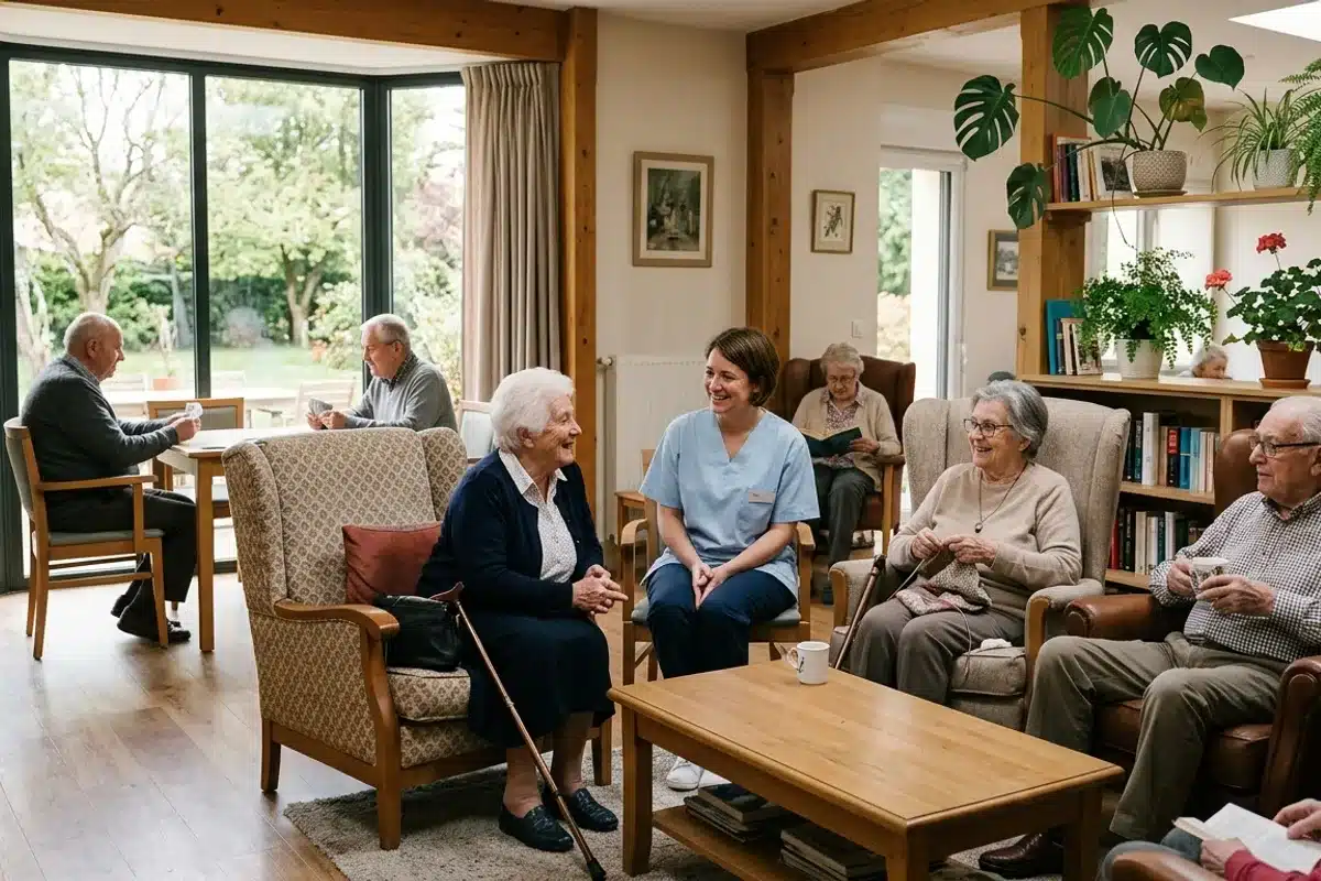 Salon commun d'une maison de retraite médicalisée Espace de vie commun d'une maison de retraite avec des résidents âgés et une soignante