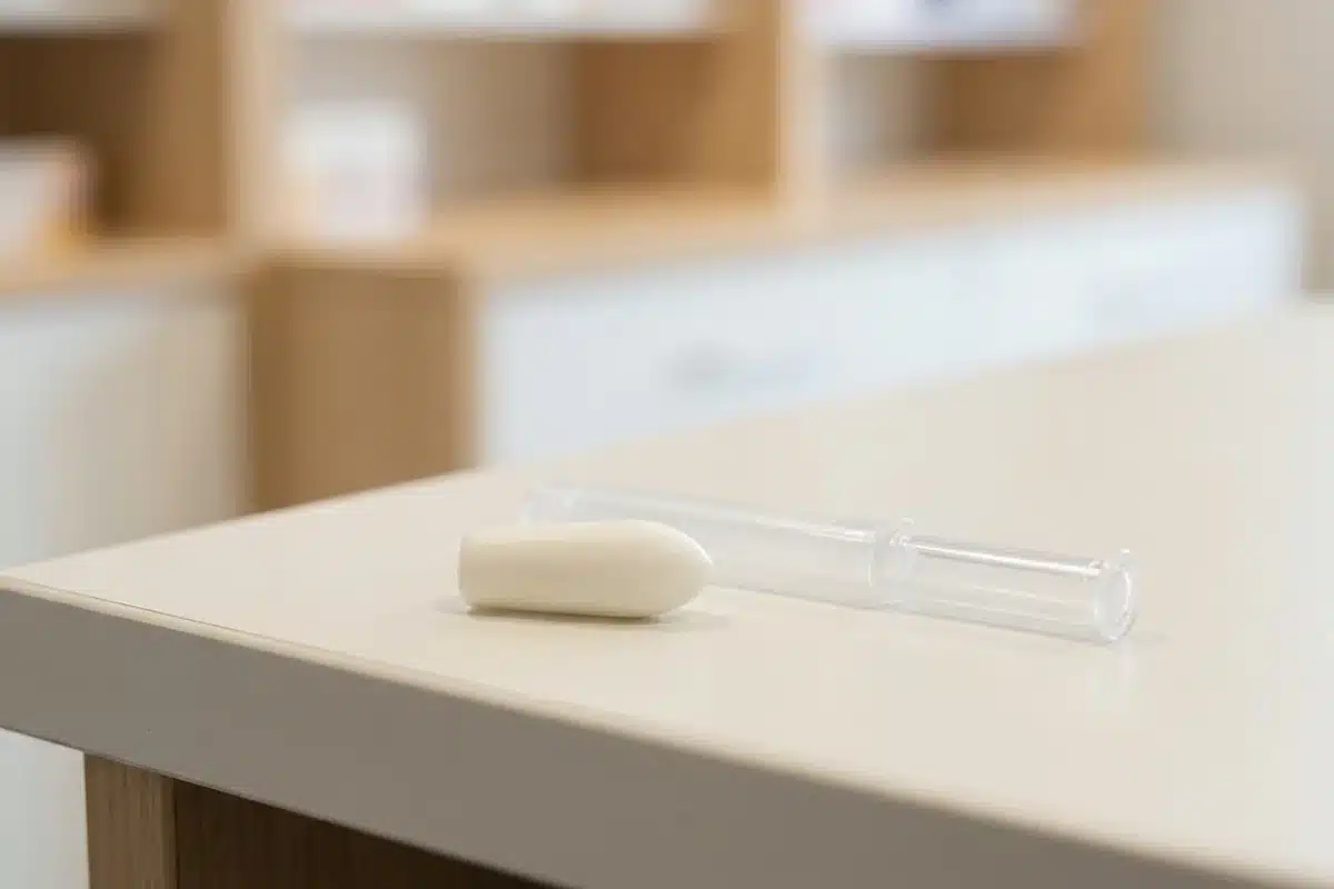 Ovule antifongique et son applicateur Ovule antifongique gynecologique blanc et son applicateur sur un comptoir clair de pharmacie
