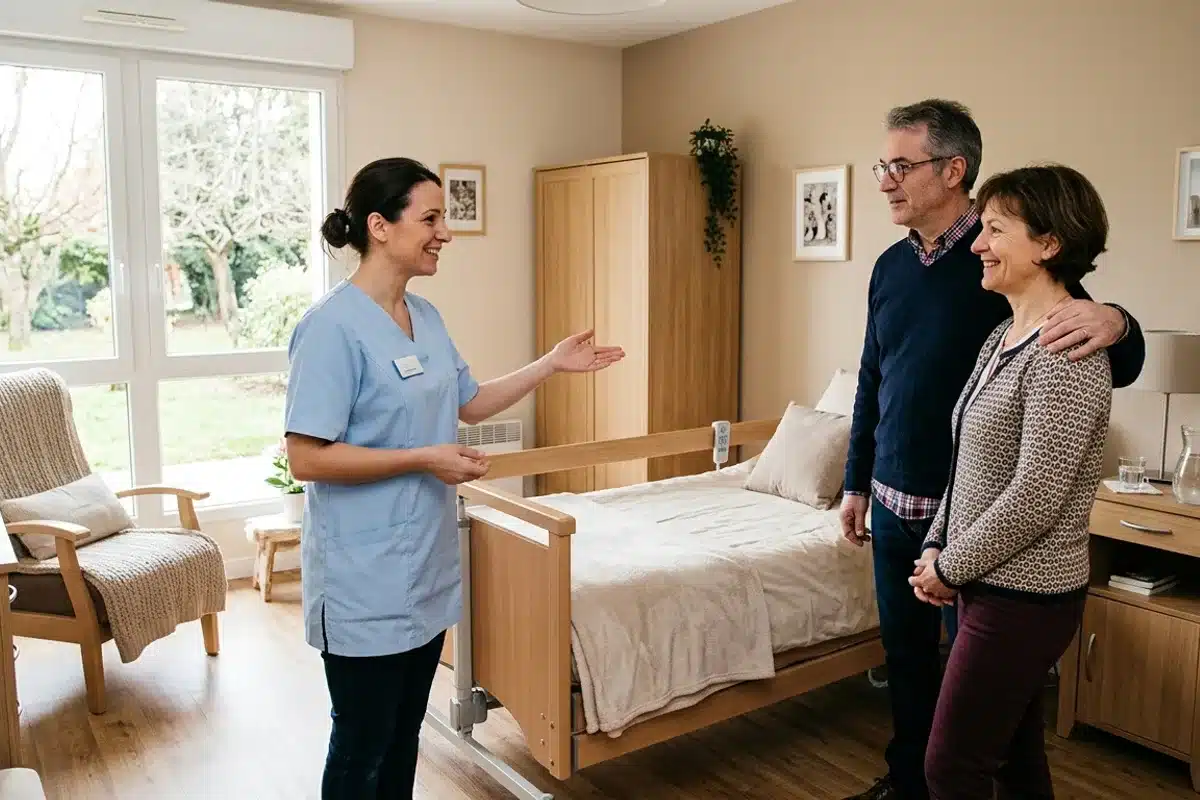 Visiter une maison de retraite avant de choisir Couple visitant la chambre d'une maison de retraite accompagné d'une soignante