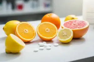 Agrumes coupes et comprimes de vitamine C sur un comptoir de pharmacie