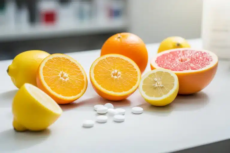 Agrumes coupes et comprimes de vitamine C sur un comptoir de pharmacie