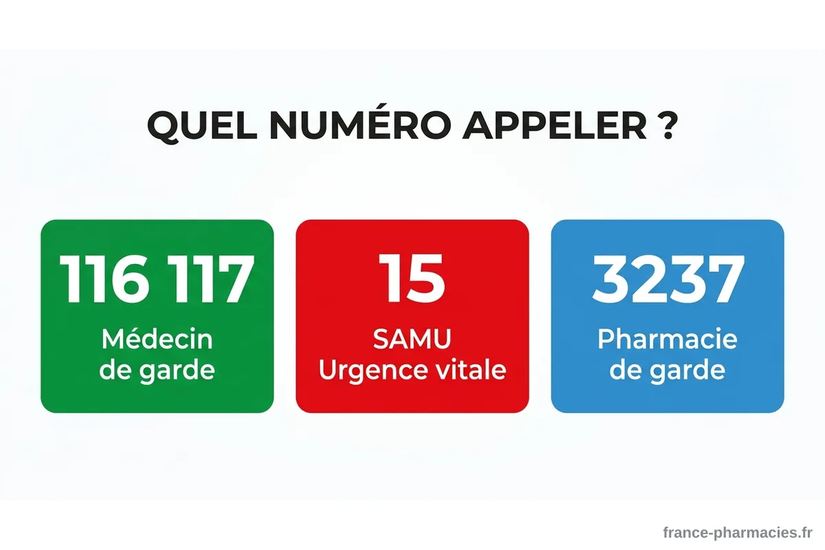 Infographie : quel numéro appeler selon l'urgence - 116 117, 15 SAMU, 3237 Infographie comparant 116 117 médecin de garde, 15 SAMU urgence vitale et 3237 pharmacie de garde