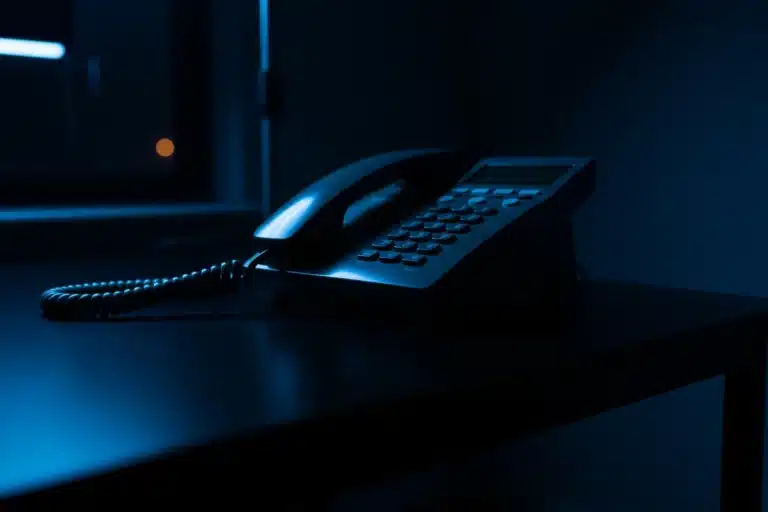 Téléphone posé sur table noire la nuit, ambiance bleu-nuit, médecin de garde 116 117