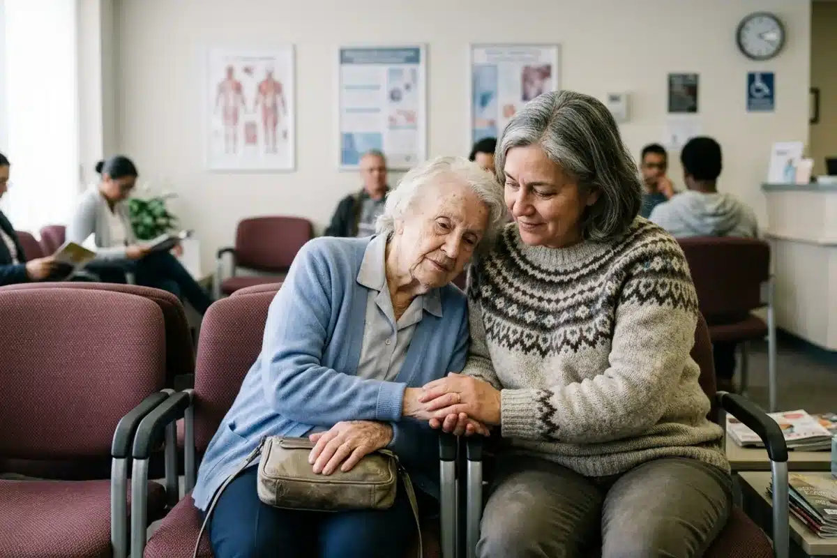Aidant accompagnant son proche à un rendez-vous médical Aidant familial accompagnant une personne âgée lors d un rendez-vous médical