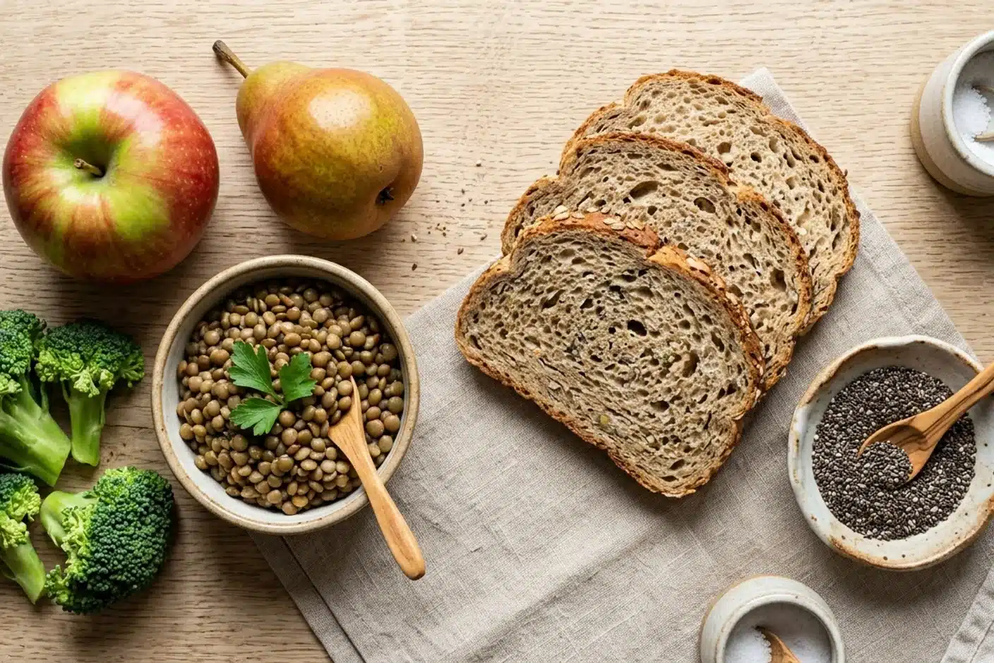 Assiette d'aliments riches en fibres recommandés pour prévenir les hémorroïdes
