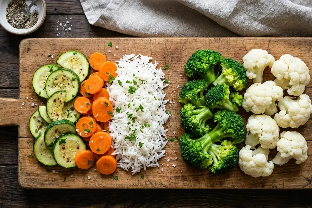 Aliments à éviter et à favoriser contre les ballonnements Planche avec légumes cuits à favoriser et crucifères à éviter en cas de ballonnements
