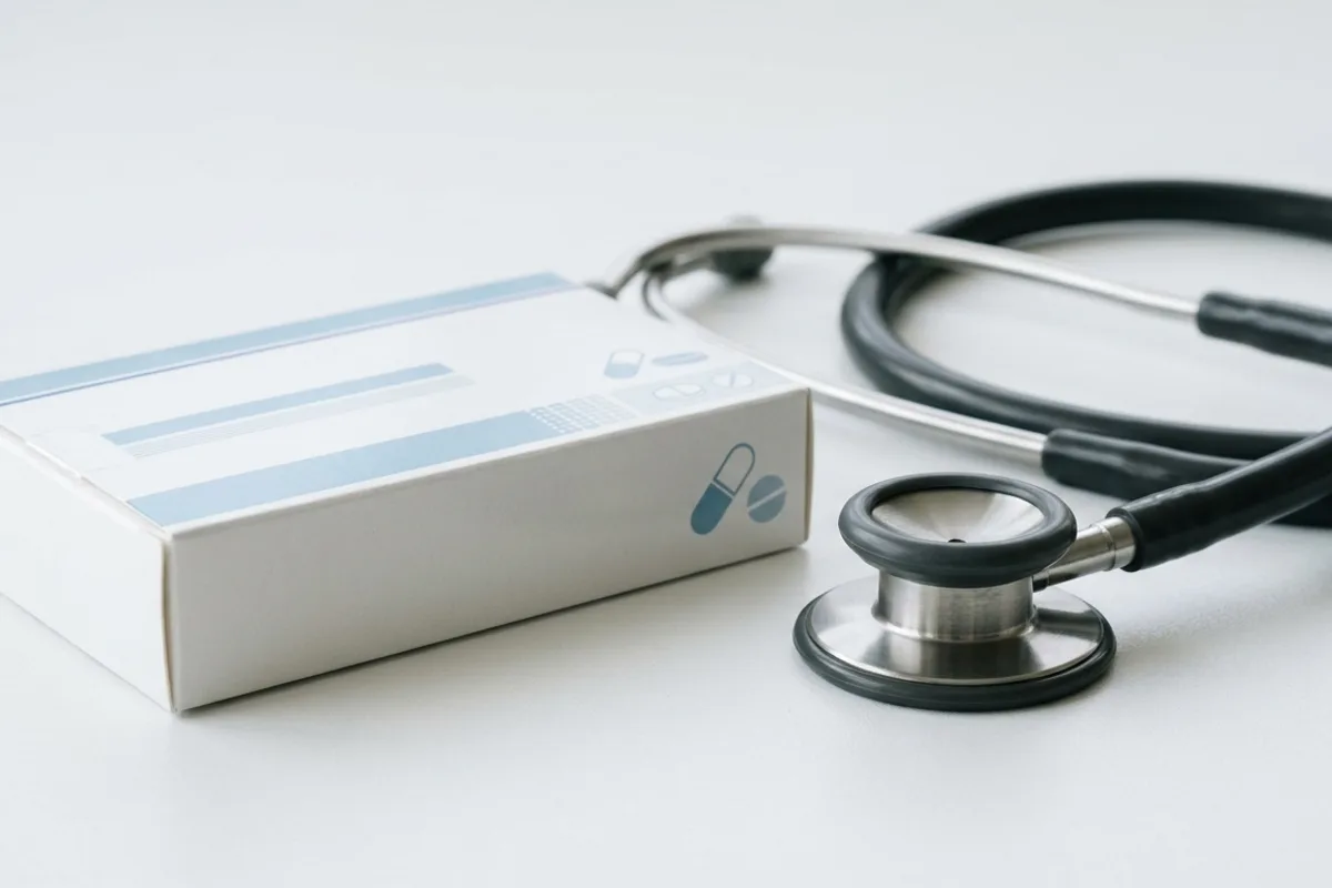 Antibiotiques pour une infection ORL Boîte d'antibiotiques et stéthoscope symbolisant la prescription médicale en ORL