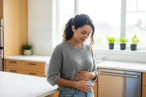 Femme soulagée tenant son abdomen dans une cuisine lumineuse