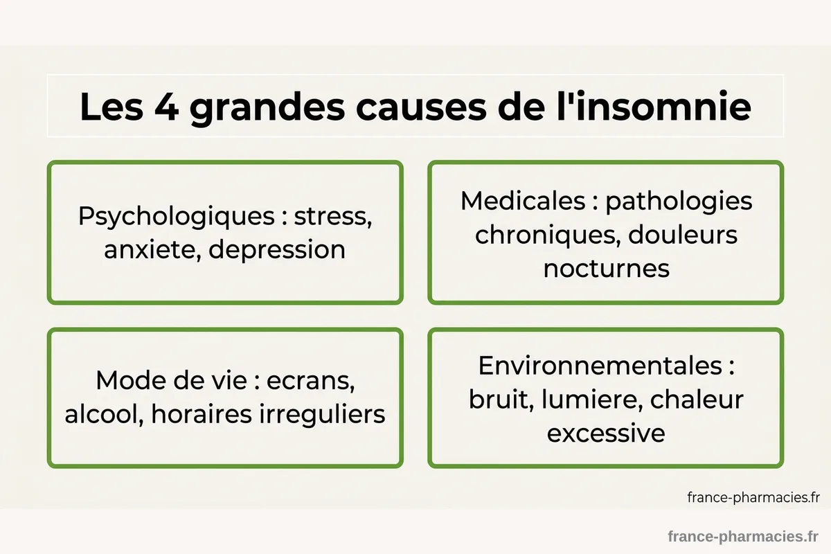 Les 4 grandes causes de l'insomnie chez l'adulte Infographie médicale des 4 catégories de causes de l'insomnie : psychologiques, médicales, mode de vie et environnementales