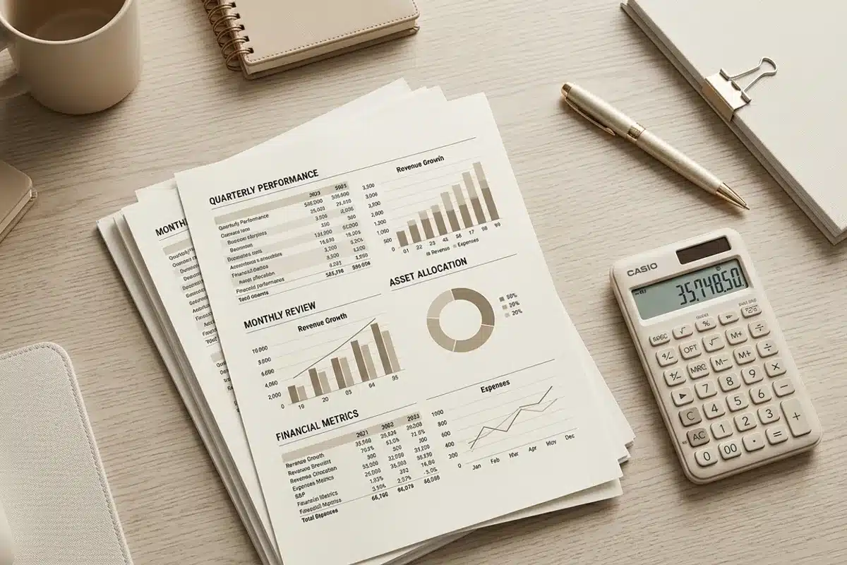 Gestion financière d'un cabinet dentaire libéral Vue de dessus d'un bureau avec des documents financiers pour calculer les revenus d'un dentiste libéral