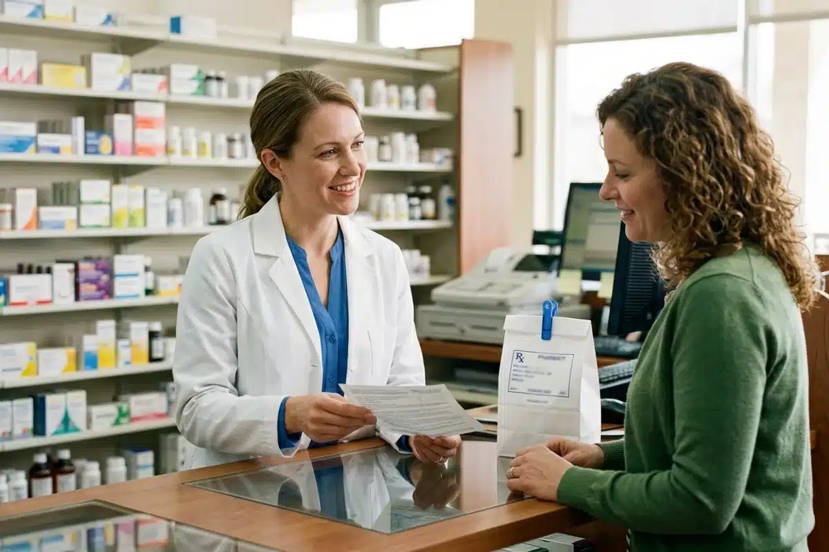 conseil pharmacien traitement sinusite officine pharmacienne conseillant une patiente sur le traitement de la sinusite aiguë en officine
