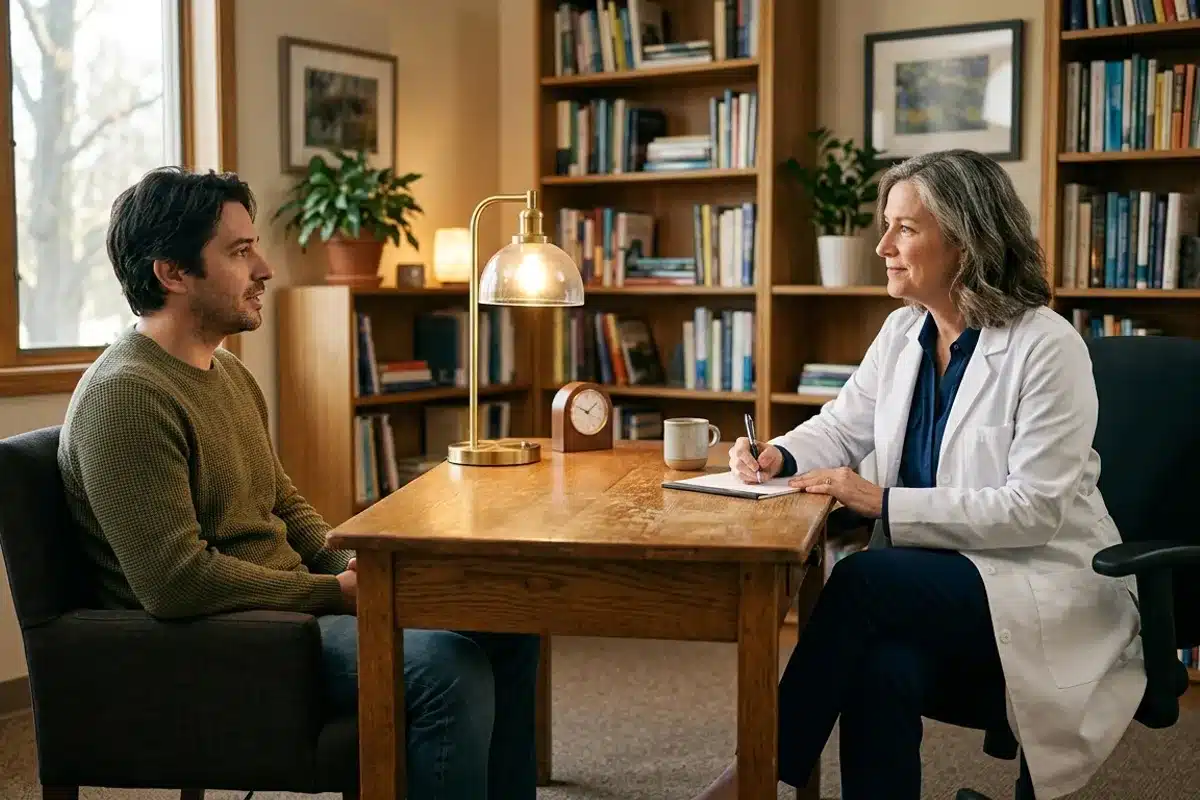 Consultation psychiatrique pour un diagnostic de TDAH adulte Médecin et patient adulte en consultation pour évaluation diagnostique du TDAH