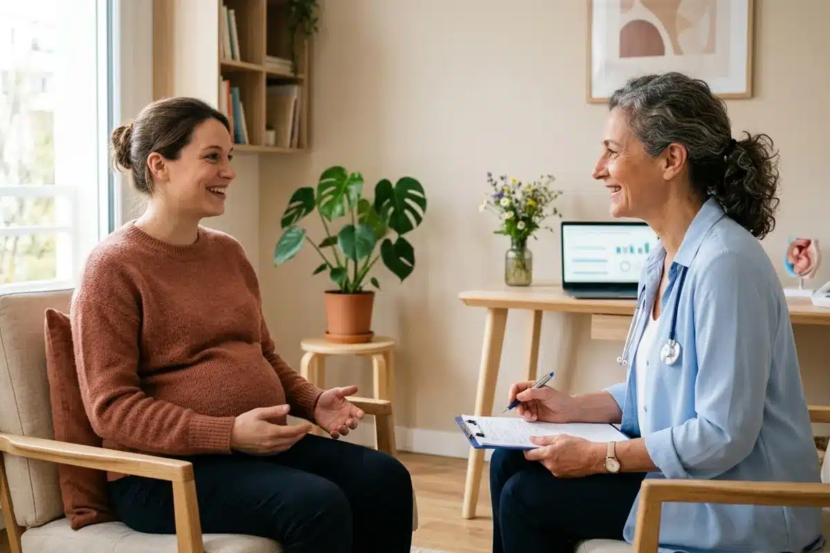 Consultation de grossesse avec une professionnelle de santé Femme enceinte souriante en consultation avec une professionnelle de santé