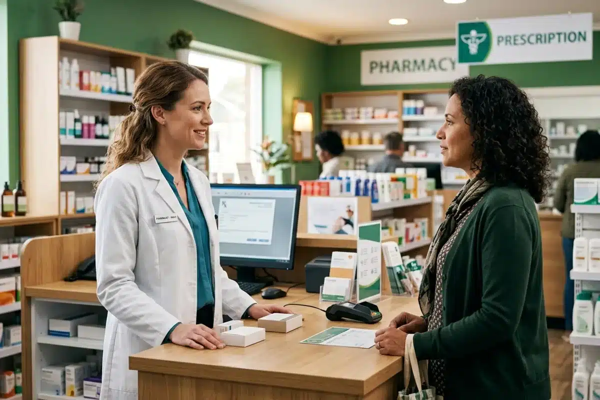 Consultation pharmacien mélatonine Pharmacienne en blouse blanche conseillant une patiente adulte sur la mélatonine en officine