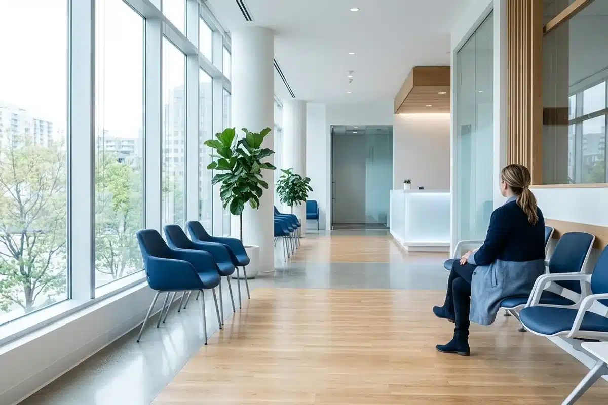 Salle d'attente médicale, démarche de diagnostic TDAH adulte Salle d'attente d'un cabinet médical moderne avec patient assis de dos, lumière naturelle froide, illustrant le parcours de diagnostic du TDAH adulte