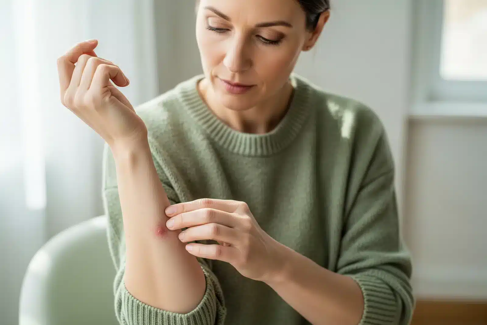 Femme adulte observant une plaque d'eczéma sèche et rougie sur l'intérieur de l'avant-bras