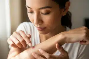 Femme adulte examinant une plaque d eczéma rouge sur son avant-bras en intérieur lumineux