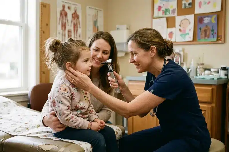Médecin examinant l'oreille d'un enfant avec un otoscope pour diagnostiquer une otite