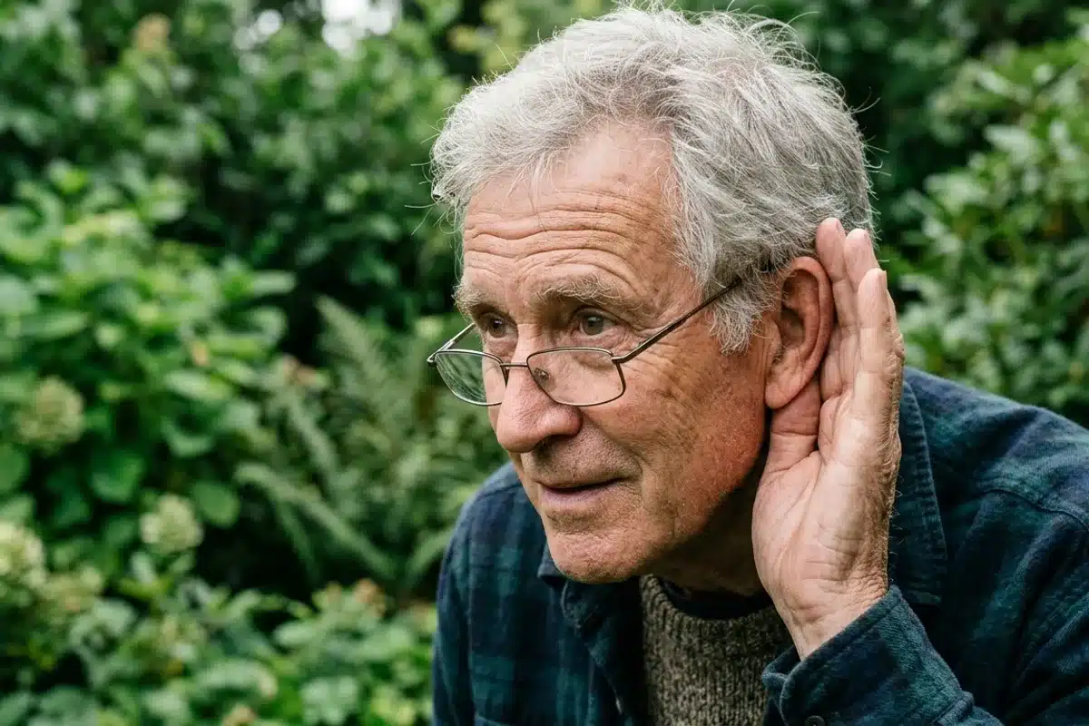 Homme senior qui peine à suivre une conversation Homme âgé portant la main à son oreille pour mieux entendre une conversation