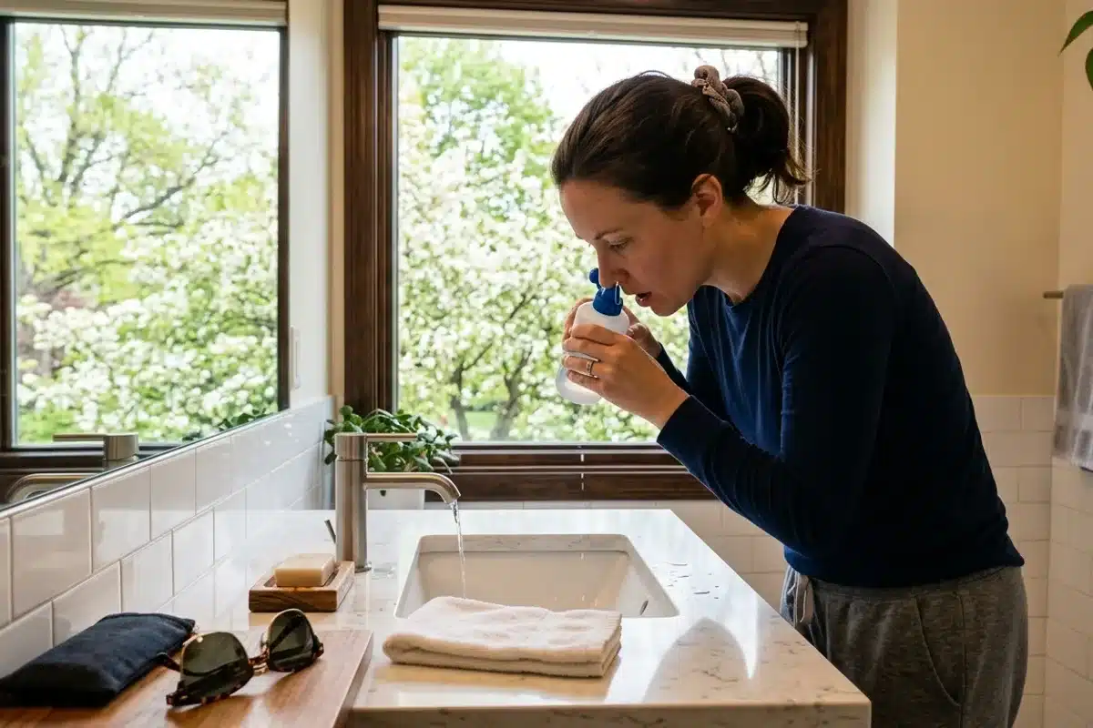 Gestes préventifs contre l'allergie au pollen en intérieur Personne pratiquant un lavage nasal salin pour se protéger des pollens printaniers