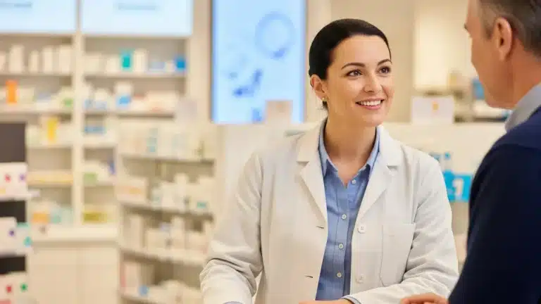 Pharmacienne conseillant un patient sur le traitement d'une infection ORL