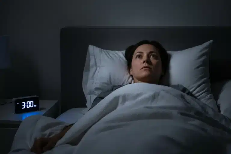 Femme adulte allongée dans l'obscurité, les yeux grands ouverts, incapable de dormir en pleine nuit